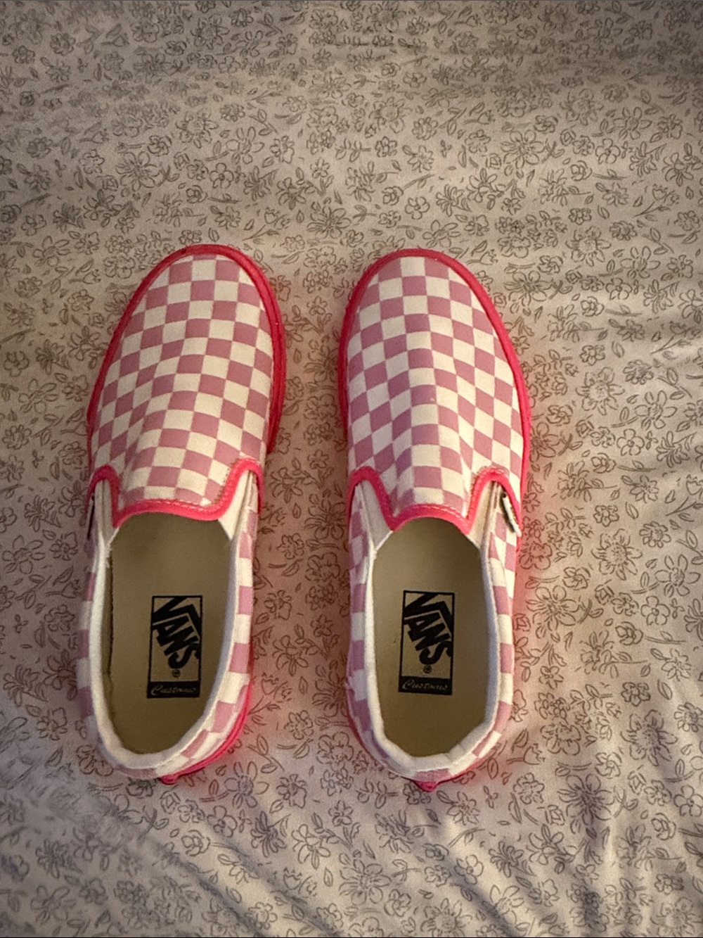 Vans Women’s Pink and White Checkerboard Slip-On Sneakers